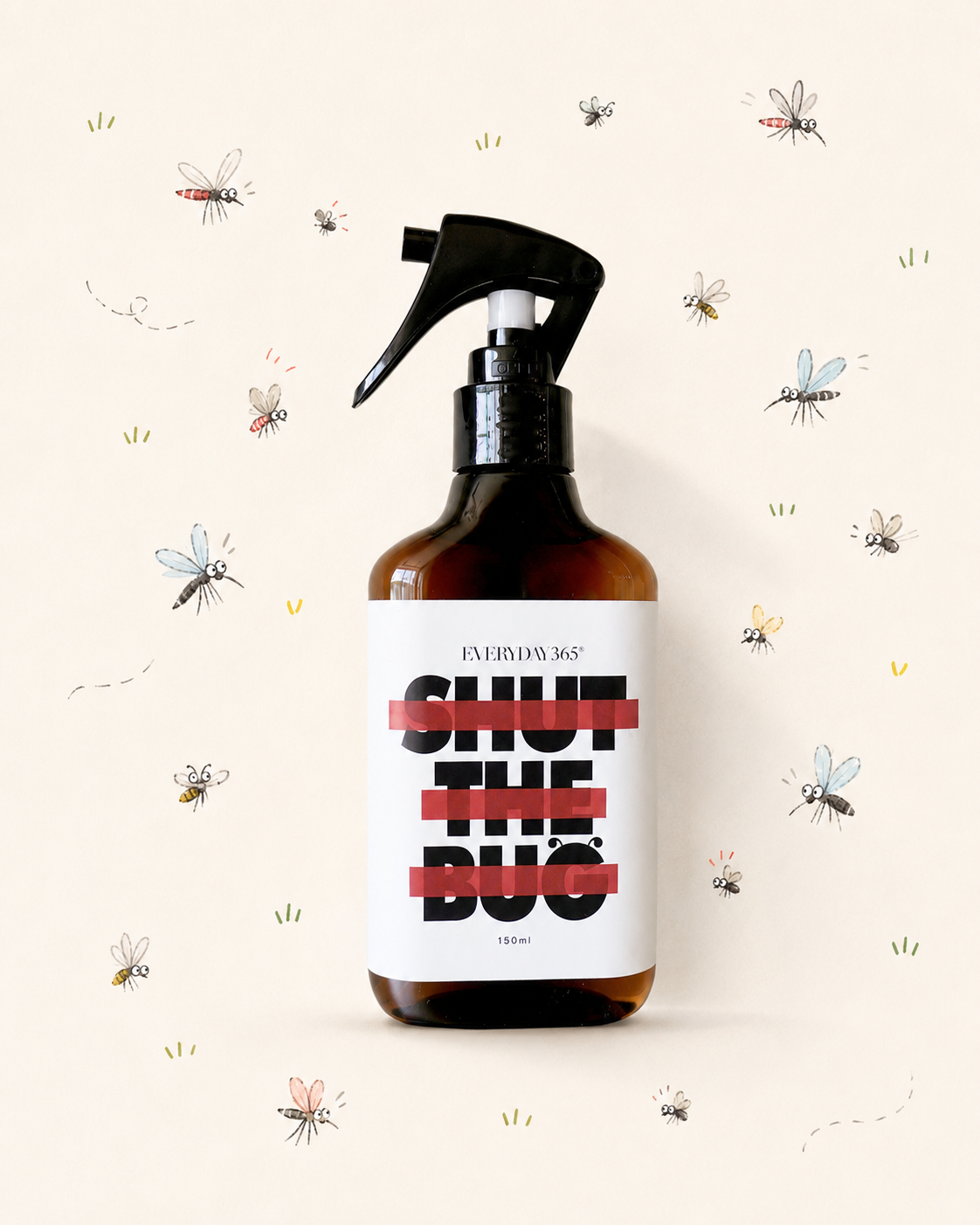 벌레 일러스트와 함께 놓인 shut the bug 스프레이