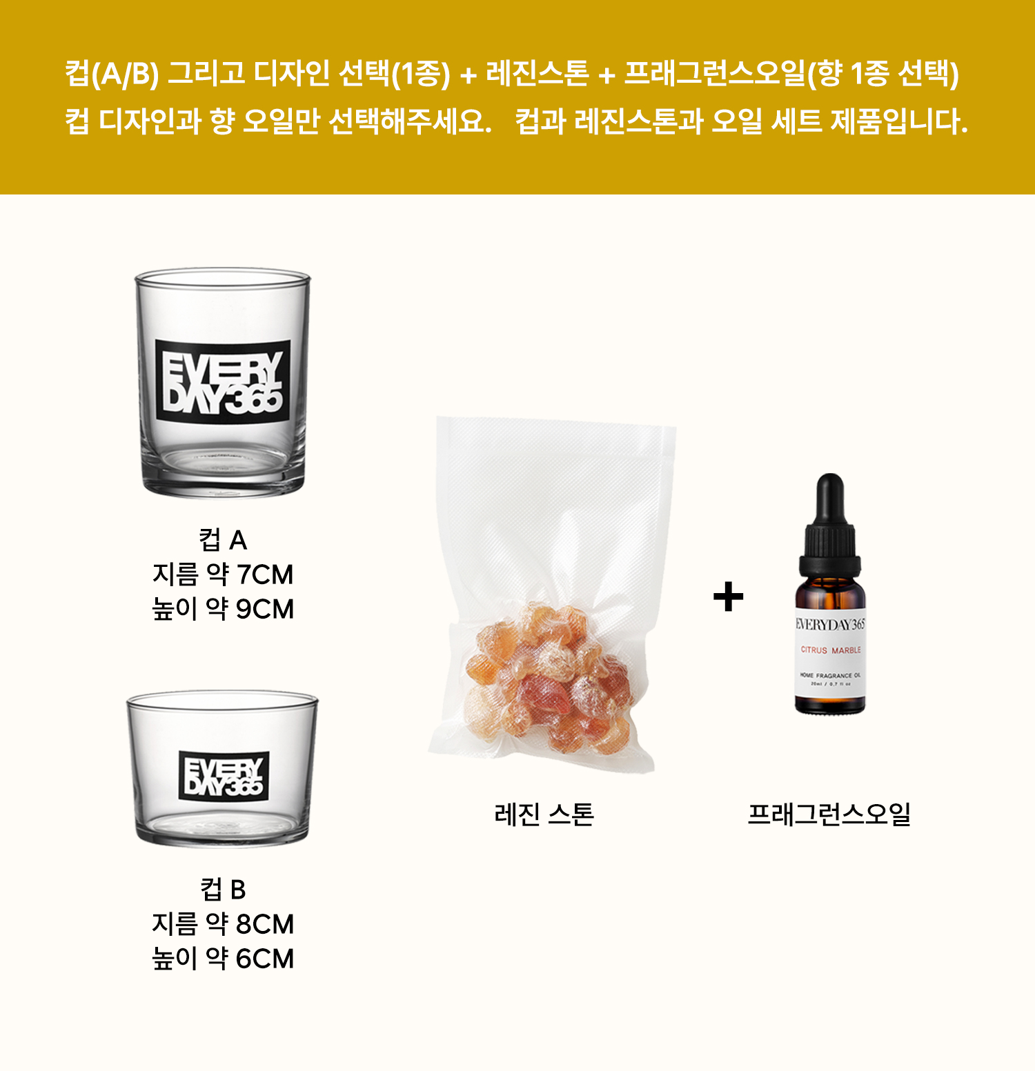 글래스컵, 레진스톤, 20ml 프래그런스 오일로 구성된 세트 안내